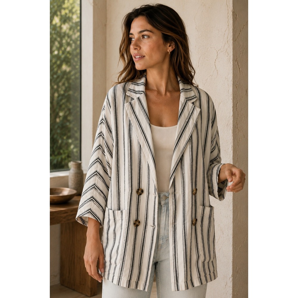 NWT Pilcro Anthropologie Dolman Sleeve Linen Striped Blazer Oversized White M